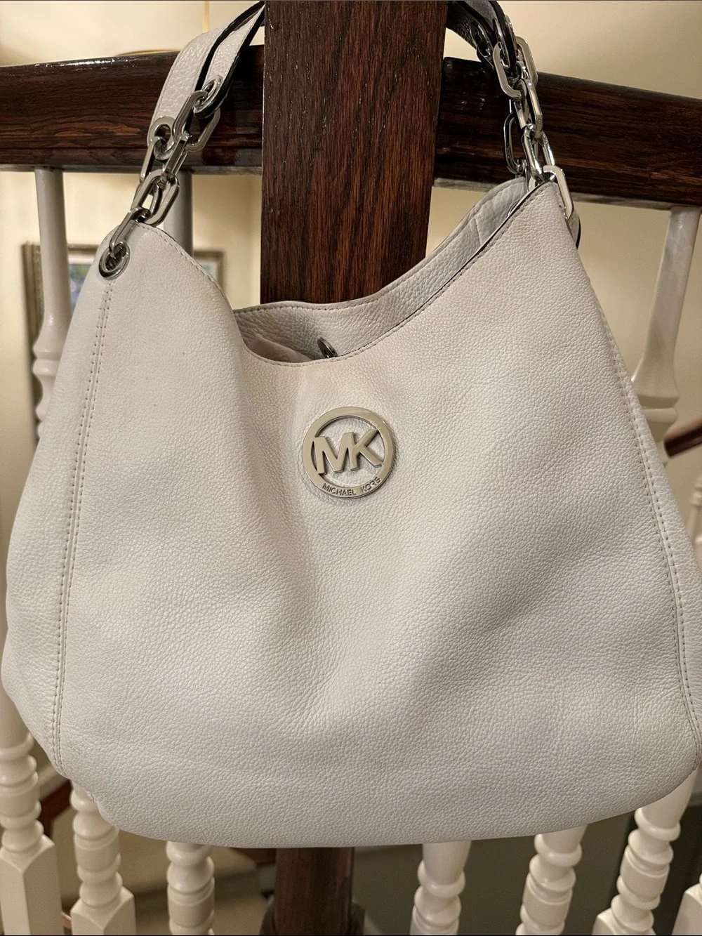 Michael Kors Pebbled White Leather Shoulder Hobo with Silver Chain
